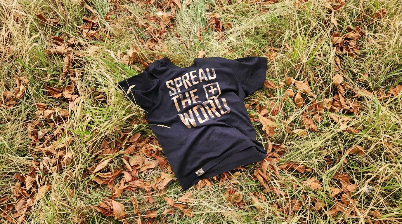 Sumadd SD Spread The Word tee laid on autumn grass and leaves